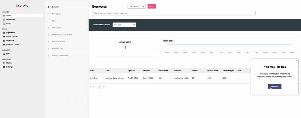 Product experiments: driven actions with slide-ins