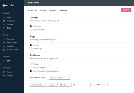 nps-Auslöser und Zielvorgaben im Userpilot-Dashboard