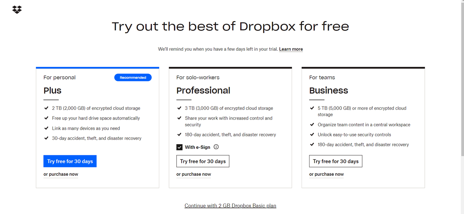 Dropbox的免费试用长度