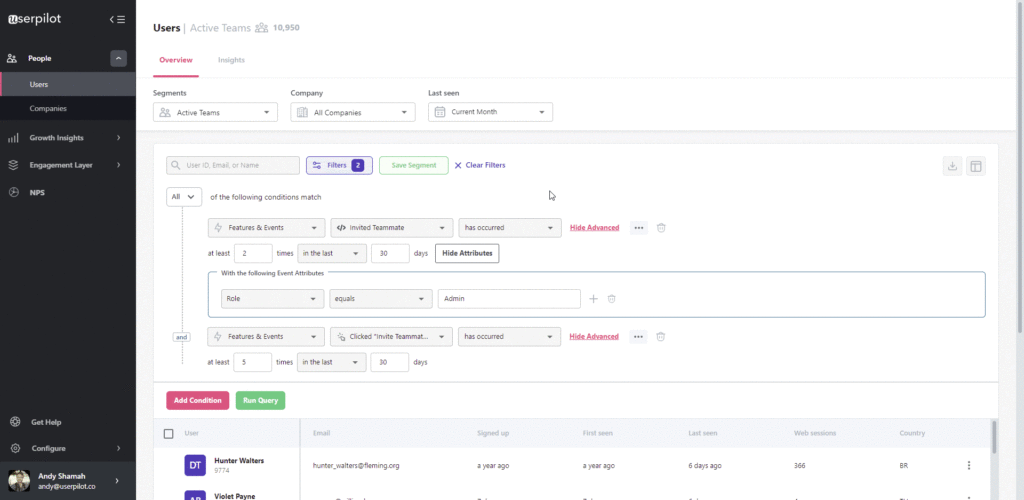 creazione di segmenti di utenti nella dashboard di userpilot