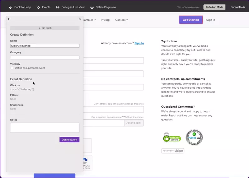 To see specific details of other events, you have to use Event Visualizer, which is a point-and-click interface to label events. As you give it a name, you can see all the details relating to the event in Heap’s Explore event dashboard.